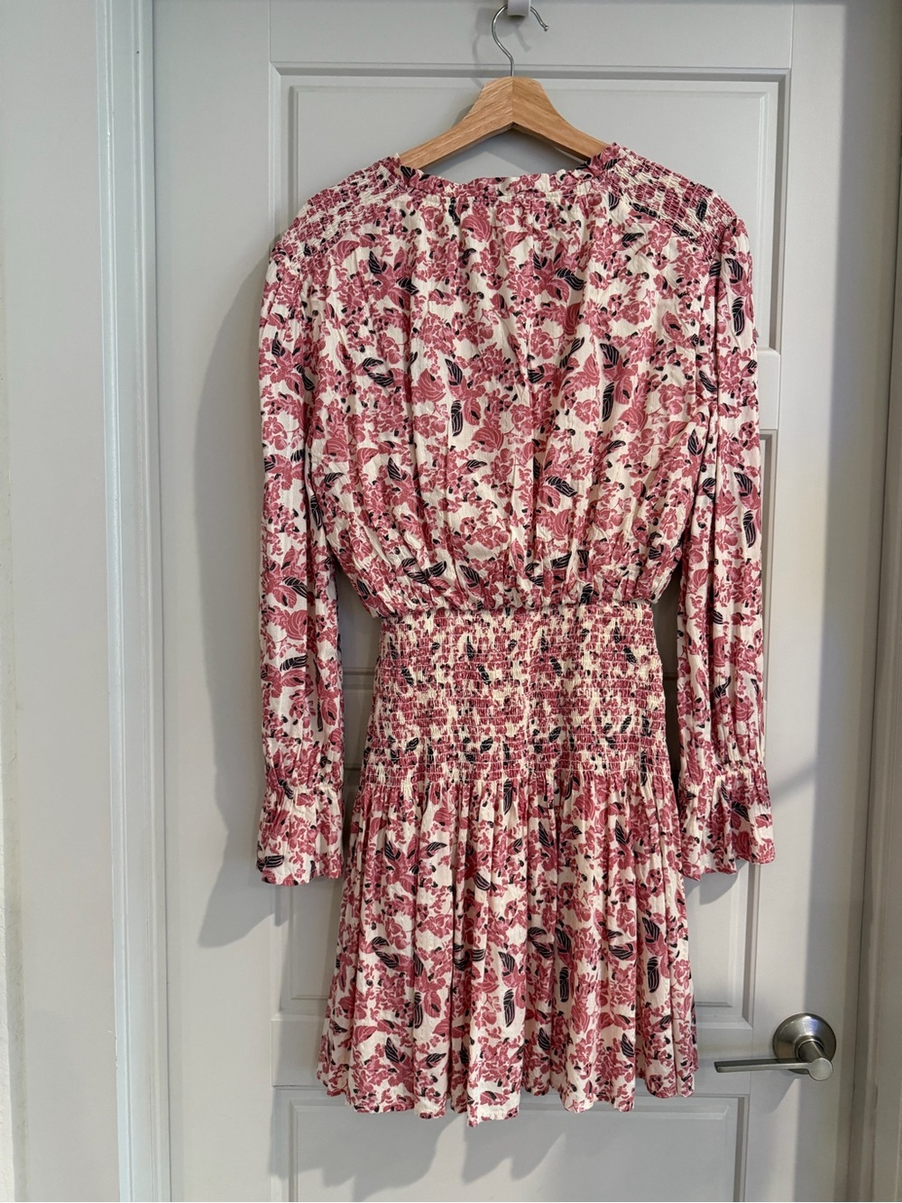 Tie-Neck Smocked Waist Mini Dress Pink Floral Size Medium - Picture 4 of 11